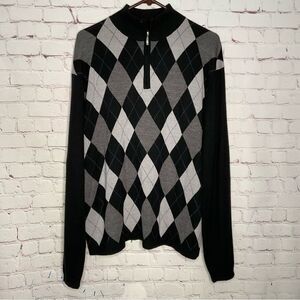Toscano Mens Sweater Merino Wool Blend XXL Black Argyle Pullover 1/4 Zip 0103892
